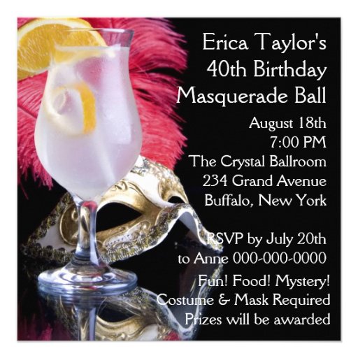 Feather Mask 40th Birthday Masquerade Party Personalized Invitation