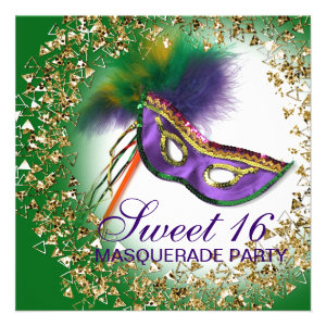 Feather Mask Purple Sweet 16 Masquerade Party Custom Announcement