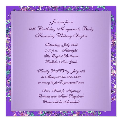 Feather Mask Purple Sweet 16 Masquerade Party Personalized Invitation
