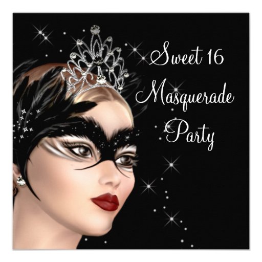 Feather Mask Tiara Sweet 16 Masquerade Party Custom Announcement