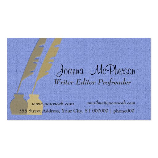 Feather Pen - Blue and Gold Business Card (front side)