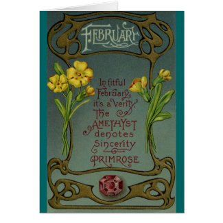 February Birthday Primrose & Amethyst Greeting Cards