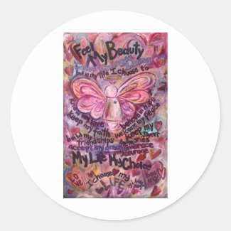 Feel My Beauty Pink Cancer Angel Round Stickers