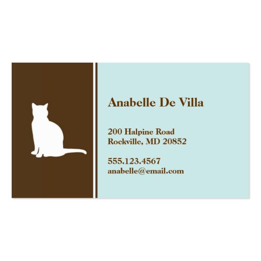 Feline cat  blue brown pet personal calling card business card template (front side)