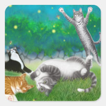 Feline Fun with Fireflies Square Sticker