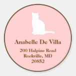 Feline pink brown cat custom name address label round sticker