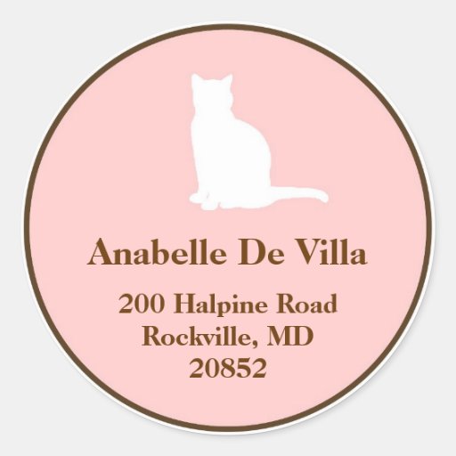 Feline pink brown cat custom name address label round sticker