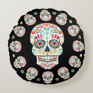 Feliz Muertos - Festive Sugar Skulls Round Pillow