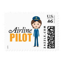 Female airlane pilot girl cartoon in uniform postage stamps