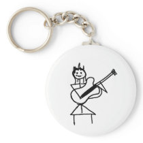 female bass guitar stick figure black and white key chain