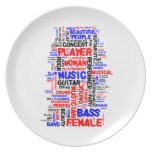Female bass player wordle 1 red blue black party plate