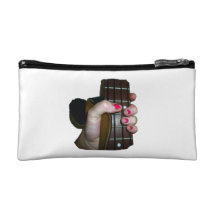 Female hand holding four string bass neck makeup bag