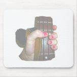 female hand holding four string bass neck faded mousepad