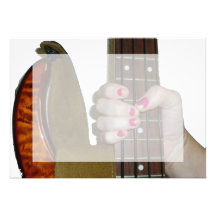 female hand holding four string bass neck custom announcement