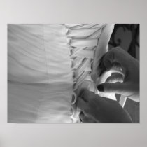 Female hand lacing up wedding dress back print