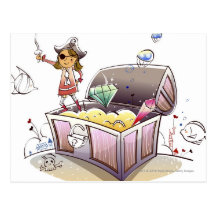 Female pirate standing on a treasure chest postcard