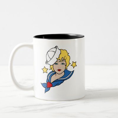 Nautical Sailor Tattoo. Blonde female in sailor hat and shirt. A classic vintage tattoo.
