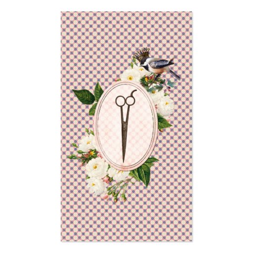 feminine pink birds floral scissors hairstylist business cards (front side)