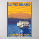 Ferry and Mountains - Lopez Island, Washington Print