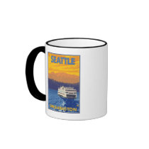 Ferry and Mountains - Seattle, Washington Mugs