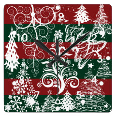 Festive Holiday Christmas Tree Red Green Striped Wall Clock