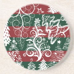 Festive Holiday Christmas Tree Red Green Striped Drink Coasters