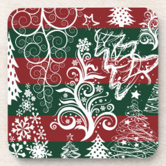 Festive Holiday Christmas Tree Red Green Striped Beverage Coasters