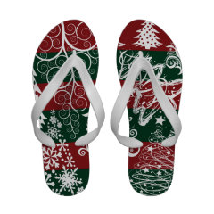 Festive Holiday Christmas Tree Red Green Striped Flip Flops