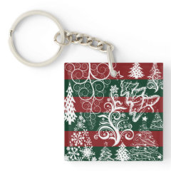 Festive Holiday Christmas Tree Red Green Striped Acrylic Key Chain