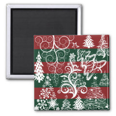 Festive Holiday Christmas Tree Red Green Striped Fridge Magnets