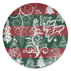 Festive Holiday Christmas Tree Red Green Striped Dinner Plates