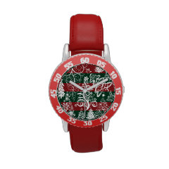 Festive Holiday Christmas Tree Red Green Striped Wrist Watch