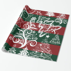 Festive Holiday Christmas Tree Red Green Striped Gift Wrap Paper