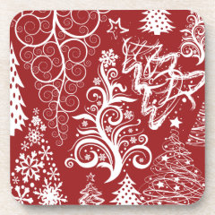 Festive Holiday Red Christmas Tree Xmas Pattern Coasters