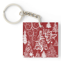 Festive Holiday Red Christmas Tree Xmas Pattern Acrylic Keychains