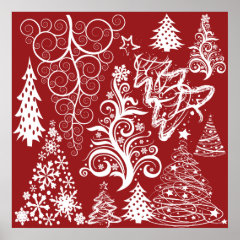 Festive Holiday Red Christmas Tree Xmas Pattern Poster
