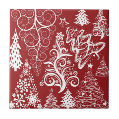 Festive Holiday Red Christmas Tree Xmas Pattern Ceramic Tile