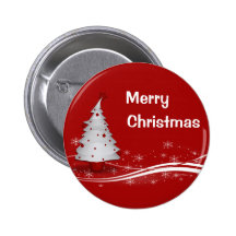 Festive Red Background & White Christmas Tree Pinback Button