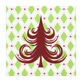 Festive Red Christmas Tree on Holiday Pattern Stretched Canvas Print