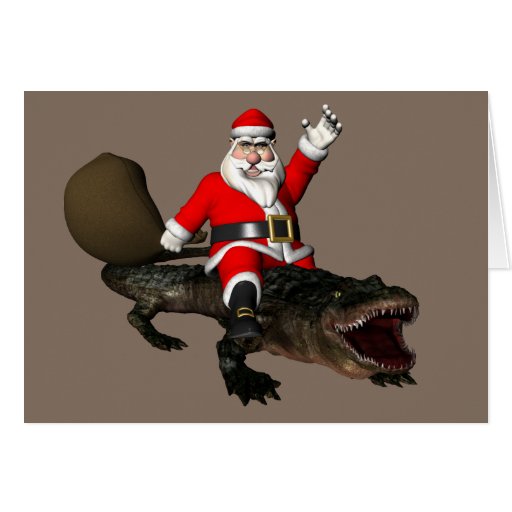 Festive Santa Claus Riding An Alligator Card | Zazzle