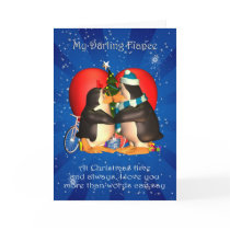 Fiance Christmas Card With Kissing Penguins Heart