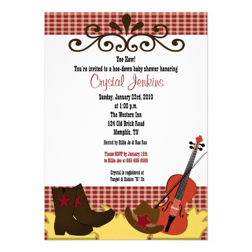 Fiddle, Hat & Boots 5x7 Baby Shower Invitation