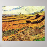 Field with Ploughman and Mill Vincent van Gogh Posters