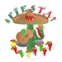 Fiesta Cactus w/Sombrero & Guitar Round Stickers