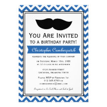 Fiesta de cumpleaños de Chevron del bigote del azu Invitaciones Personalizada