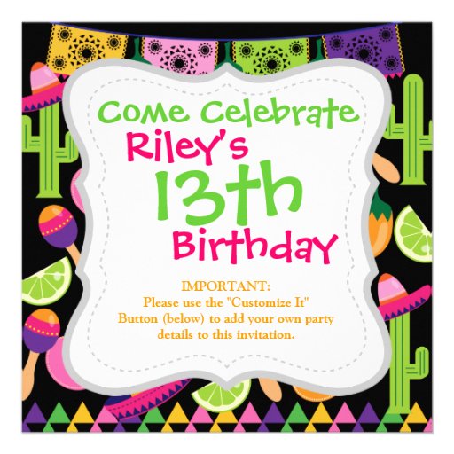 Fiesta Party Sombrero Cactus Limes Peppers Maracas Personalized Invite