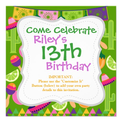 Fiesta Party Sombrero Cactus Limes Peppers Maracas Invitations