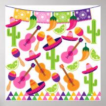 Fiesta Party Sombrero Cactus Limes Peppers Maracas Posters