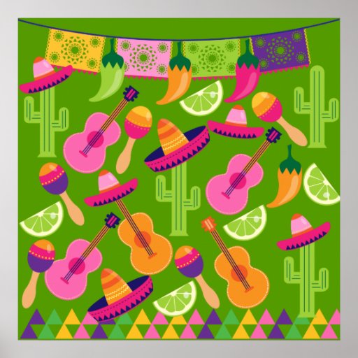 Fiesta Party Sombrero Cactus Limes Peppers Maracas Print