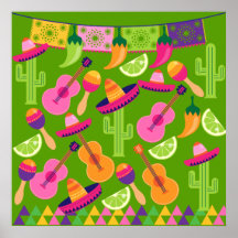 Fiesta Party Sombrero Cactus Limes Peppers Maracas Print